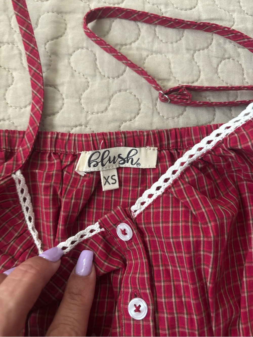 Blush Red Plaid Button-Front Cami with Lace Trim - Picture 4 of 4